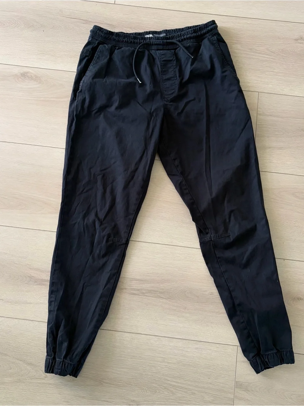 Zara Man Stretch Cotton Pants Black Elastic Waist Drawstring Joggers Medium
